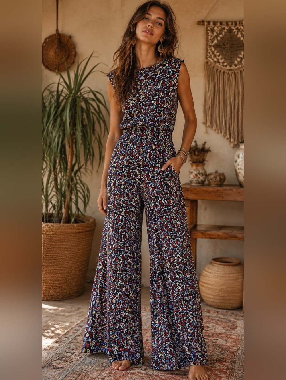 Free People floral flare tie neck open back jumpsuit playsuit petite small boho